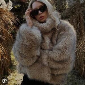 Zara Plush Faux-Fur Turtleneck Sweater in Light Taupe